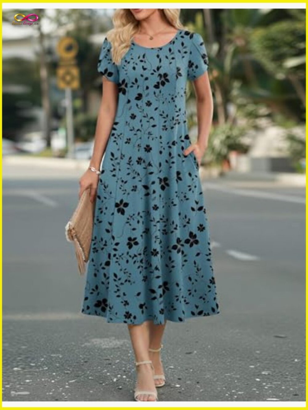 Ruffle Short Sleeve Midi Dress A-Line Flowy Pleated Sundress Casual Summer - Picture 2 of 7